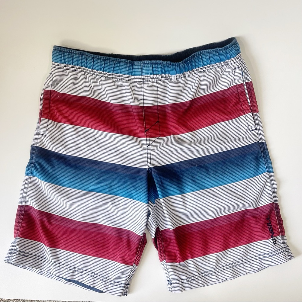 O’Neill Bathing Suit Swim Trunks Red Blue Striped Size Large - Picture 9 of 9